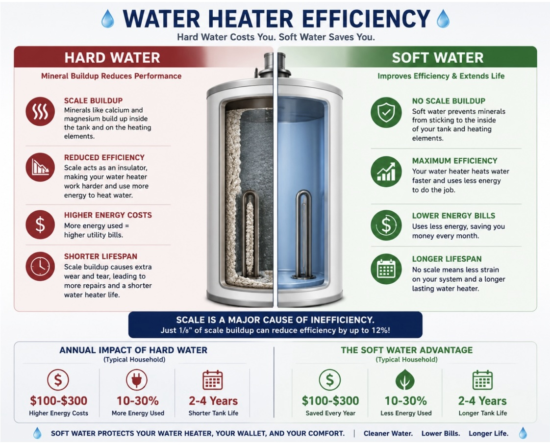 Water heater efficiency infographic comparing hard water and soft water impact
